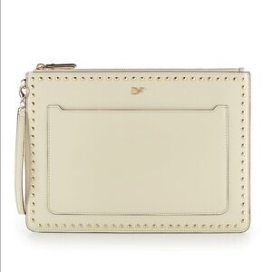Diane von Furstenberg Cream Gold Zip and Go Studded Trim Pouch Bag